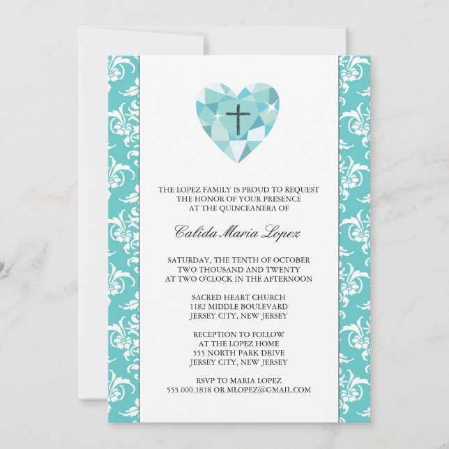 Teal Damask Quinceanera Invitations (Front)