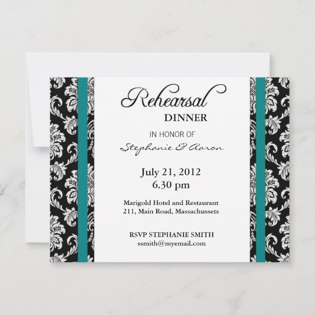 Teal Damask Rehearsal Dinner Card (Front)