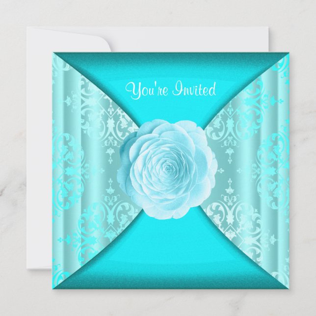 Teal Damask Rose Teal Blue All Occasion Invitation (Front)