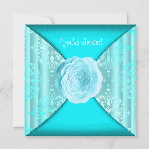 Teal Damask Rose Teal Blue All Occasion Invitation