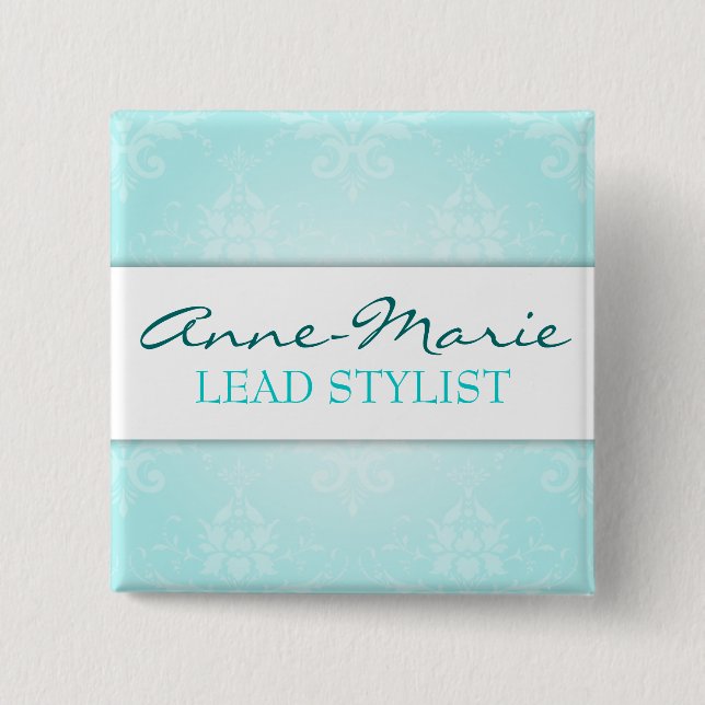 Teal Damask Salon Name Badge Pinback Button (Front)