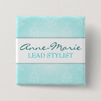Teal Damask Salon Name Badge Pinback Button