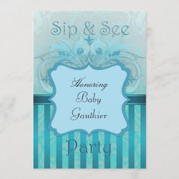 Teal Damask Sip & See Baby Shower Invitation by TheInspiredEdge at Zazzle