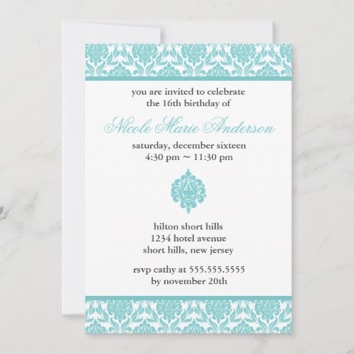 Teal Damask Sweet Sixteen Invitations