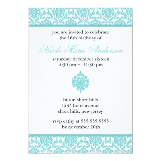 Teal Damask Sweet Sixteen Invitations