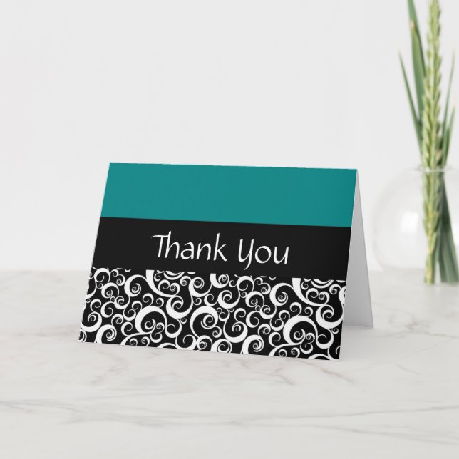 Teal Damask Swirls Thank You Cards (Front)