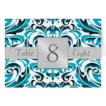 Teal Damask Table Number Folded Card by theedgeweddings at Zazzle