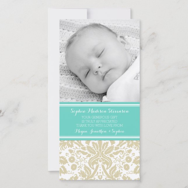 Teal Damask Thank You Baby Shower Photo Cards (Front)