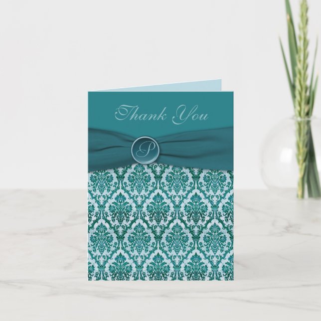 Teal Damask Thank You Note Card (Front)