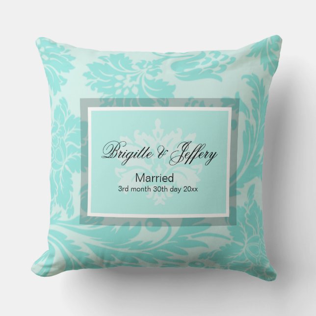 Teal damask throw pillow (Front)
