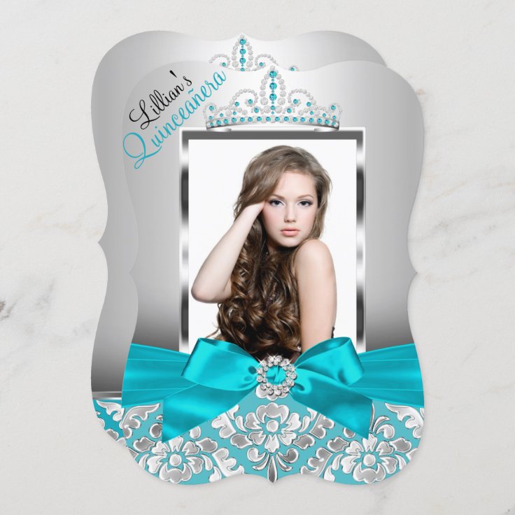 Teal Damask Tiara Photo Quinceanera Invite Zazzle