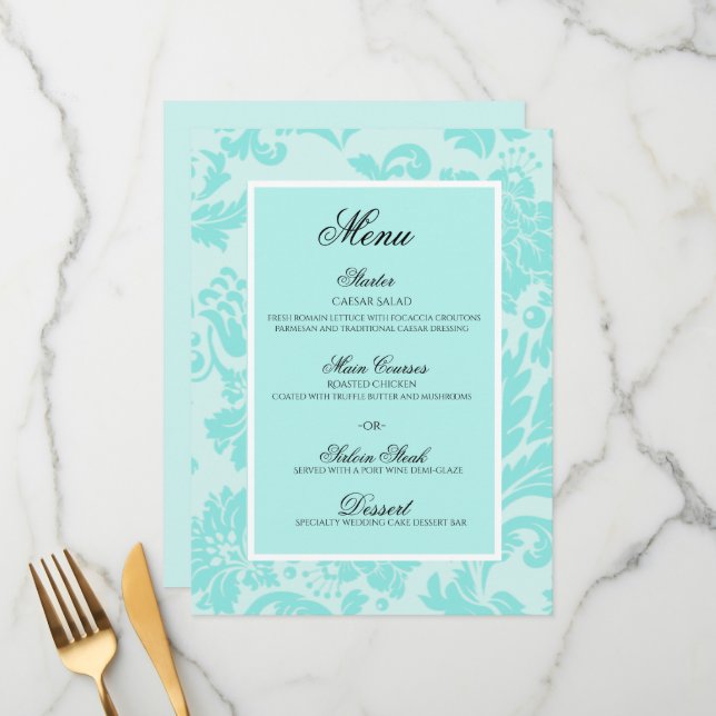 Teal damask wedding flat menu (Front/Back In Situ)
