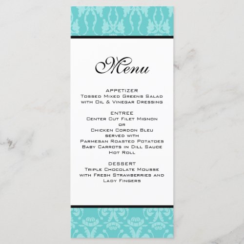 Teal Damask Wedding Menu