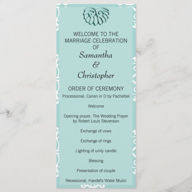 Teal Damask Wedding Program (Front)