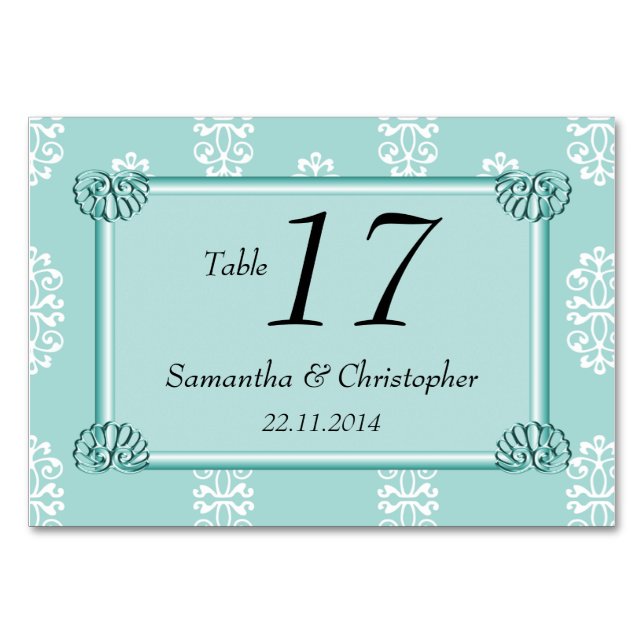 Teal Damask Wedding Table Number (Front)