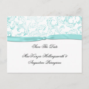 Teal Damask With Teal Ribbon Save The Date Announcement Postcard