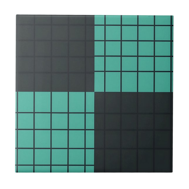 Teal Dark Gray Grid Pattern Modern Minimalist  Ceramic Tile (Front)