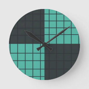 Teal Dark Gray Grid Pattern Modern Minimalist Round Clock