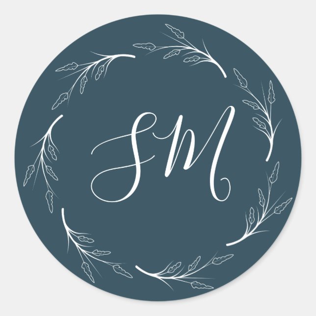 Teal Dark Green White Leaf Wreath Monogram Wedding Classic Round Sticker (Front)