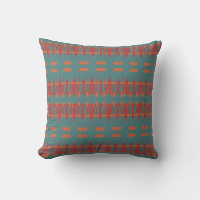 Teal Dark Red Orange Turquoise Mediterranean Rows Throw Pillow (Front)