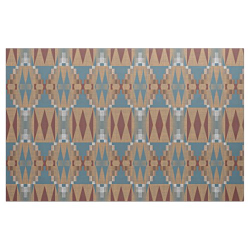 Teal Dark Red Tan Brown Ethnic Mosaic Pattern Fabric