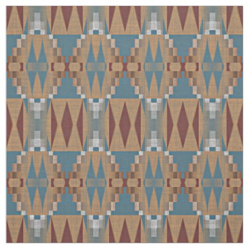 Teal Dark Red Tan Brown Ethnic Mosaic Pattern Fabric