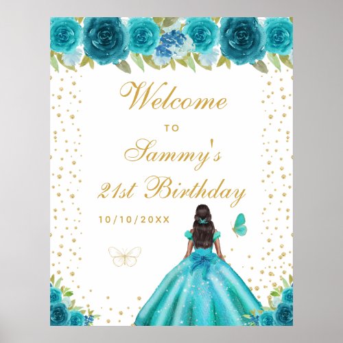 Teal Dark Skin Girl Birthday Party Welcome Poster