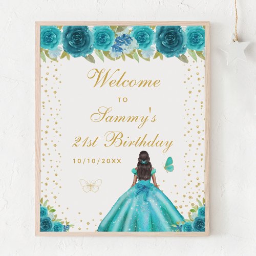 Teal Dark Skin Girl Birthday Party Welcome Poster