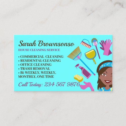 Teal Dark Skin Janitorial Lady House Cleaning Business Card