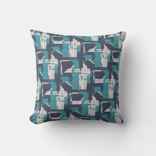 Teal Dark Slate Blue Light Gray MCM Look Art Tiles Throw Pillow