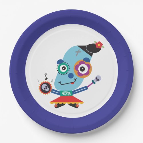 Teal Day of the Dead Sugar Skull Cartoon Paper Plates