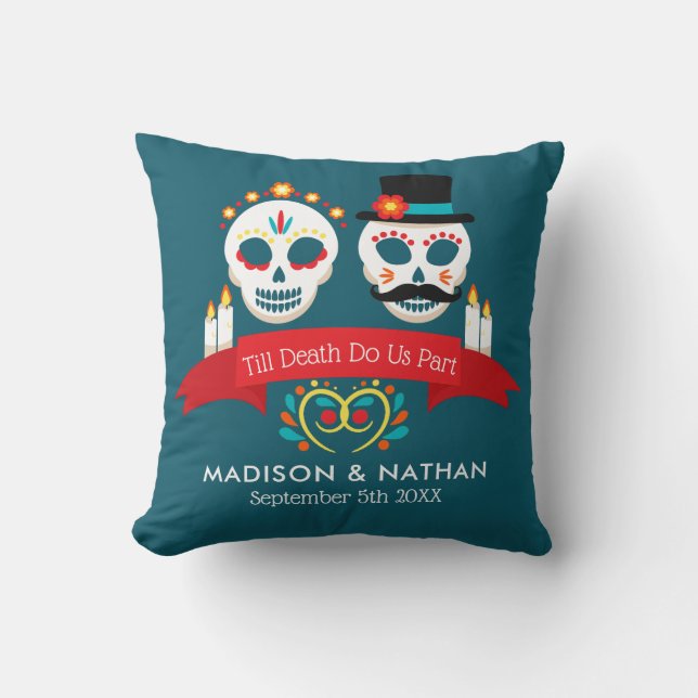 Teal Day of the Dead Sugar Skull Name Wedding Throw Pillow (Front)