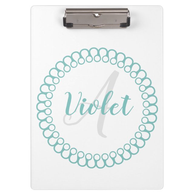 Teal Decorative Circle Monogram Clipboard (Front)