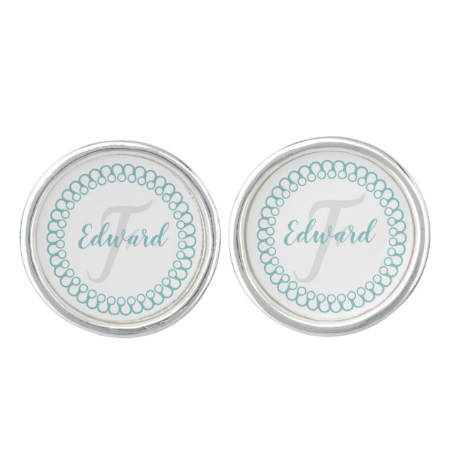 Teal Decorative Circle Monogram Cufflinks (Front)