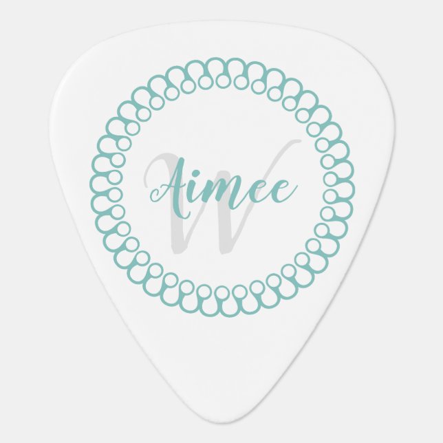 Teal Decorative Circle Monogram Guitar Pick (Front)