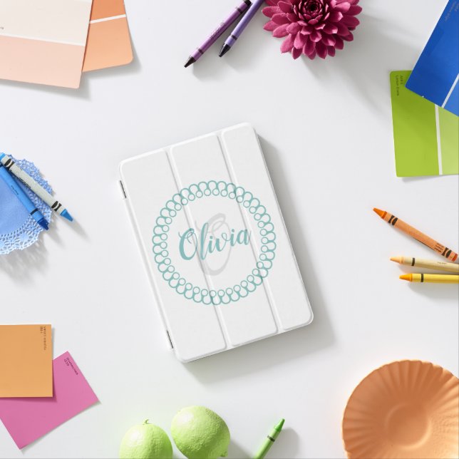 Teal Decorative Circle Monogram iPad Mini Cover (In Situ)