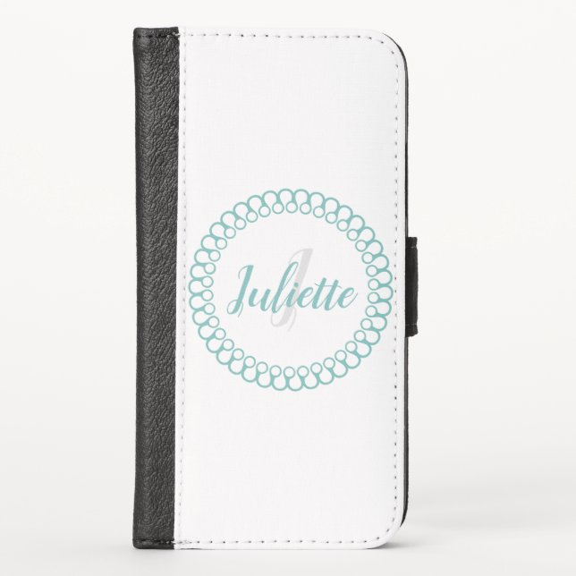 Teal Decorative Circle Monogram iPhone Wallet (Front)