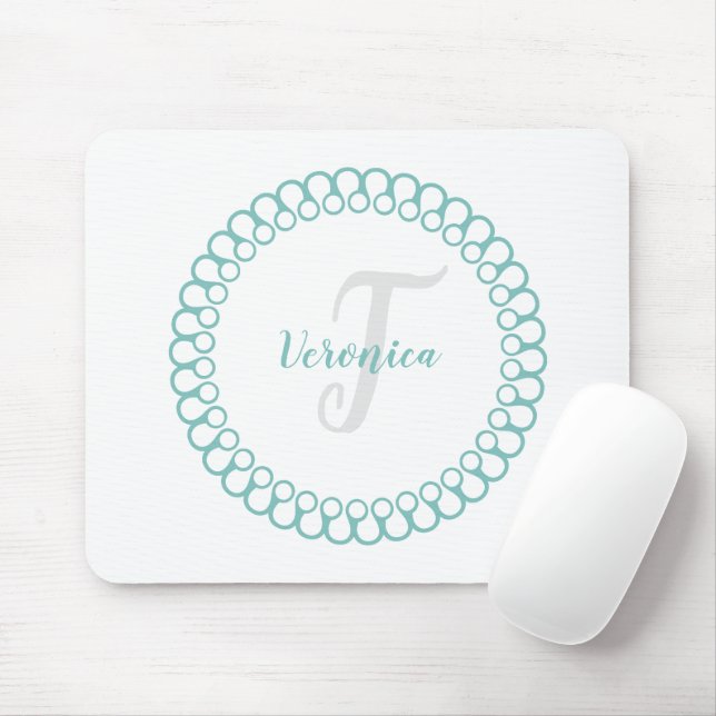 Teal Decorative Circle Monogram Mouse Pad (With Mouse)