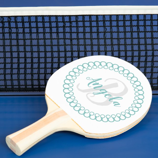 Teal Decorative Circle Monogram Ping Pong Paddle (Insitu)