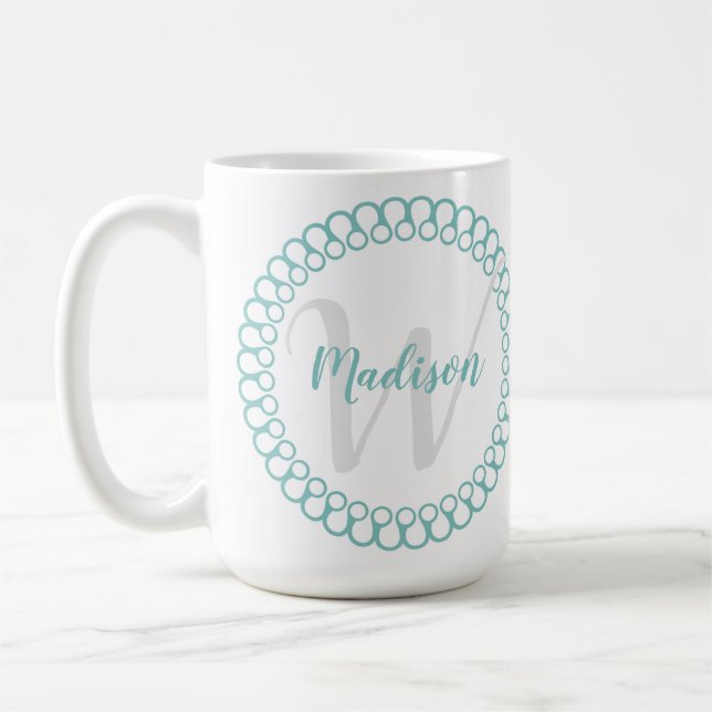 Teal Decorative Circle Personalize Monogram Mug (Left)