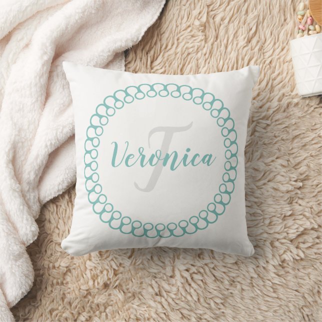 Teal Decorative Circle Personalize Monogram Pillow (Blanket)