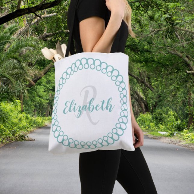 Teal Decorative Circle Personalize Monogram Tote Bag (Teal Decorative Circle Personalize Monogram Tote Bag)