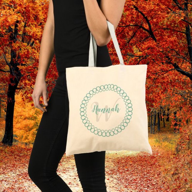 Teal Decorative Circle Personalize Monogram Tote Bag (Teal Decorative Circle Personalize Monogram Tote)
