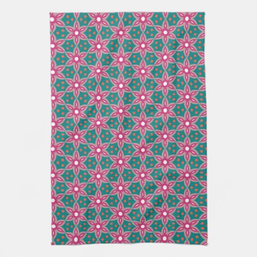 Teal  Deep Pink geometric floral Pattern Towel