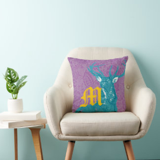 Teal Deer on Purple Vintage Floral Pattern Throw Pillow
