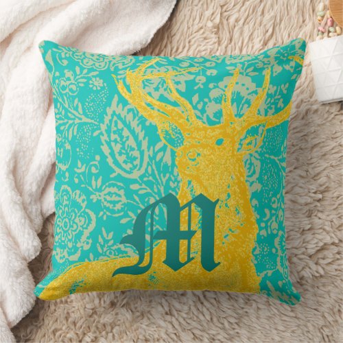 Teal Deer on Yellow Vintage Floral Pattern Throw Pillow