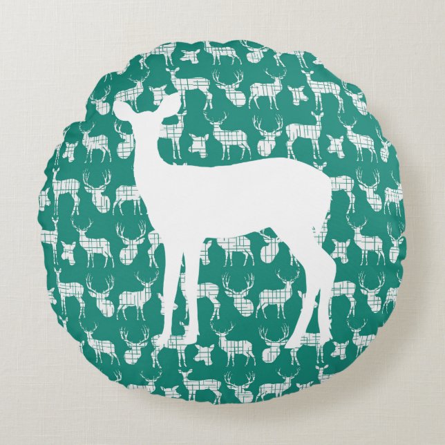 Teal  Deer With White Buck and Doe Round Pillow (Front)