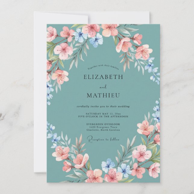 Teal Delicate Blossom Wedding Invitation (Front)