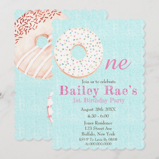 Teal Denim Donuts & Sprinkles 1st Birthday Party  (Front/Back)