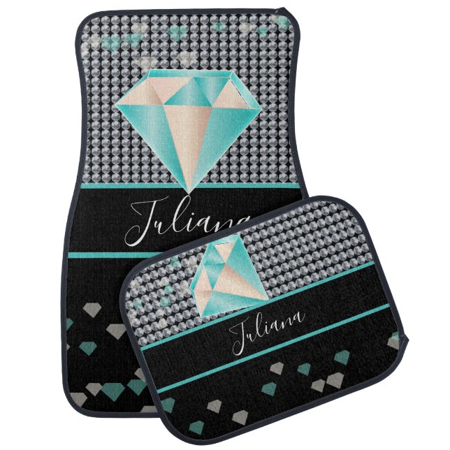 Teal Diamond Bling Name Car Floor Mat (Set)